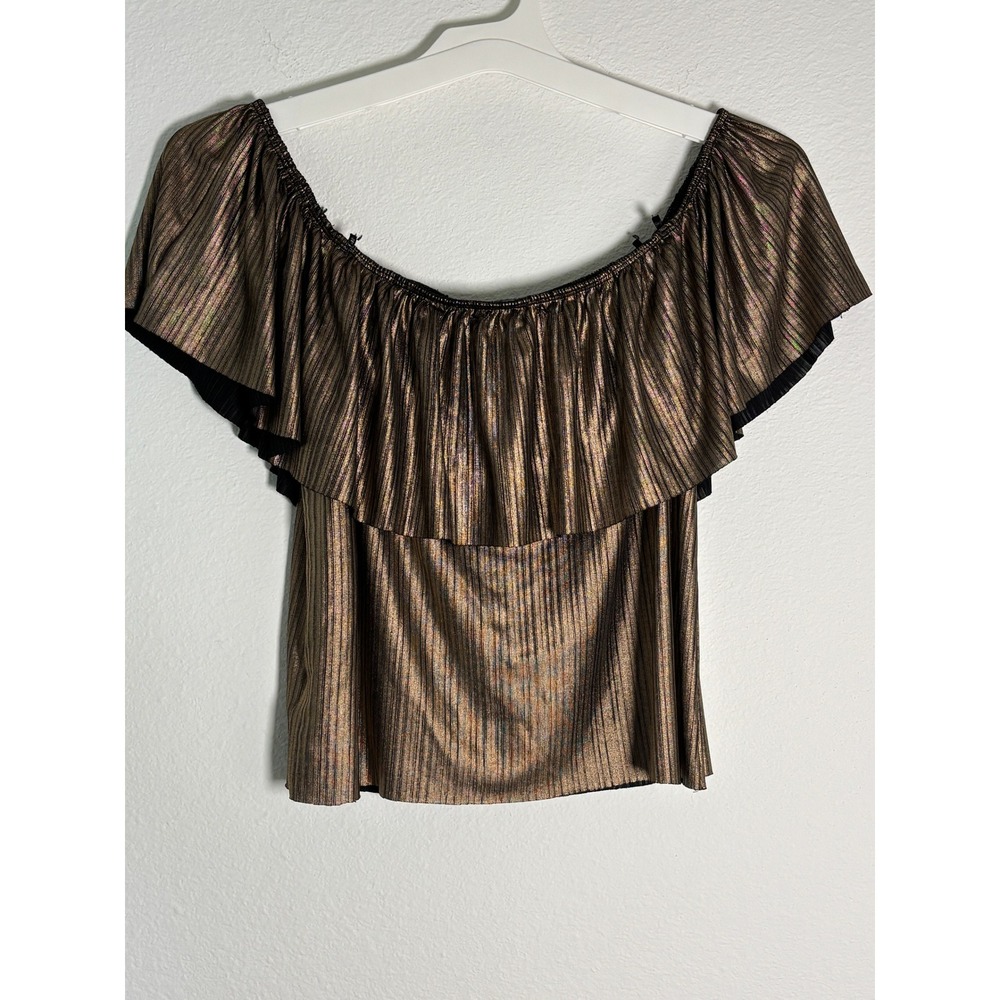 Forever 21 Bronze‎ Metallic Pleated Off The Shoulder Ruffle Top Womens Medium - Picture 2 of 4